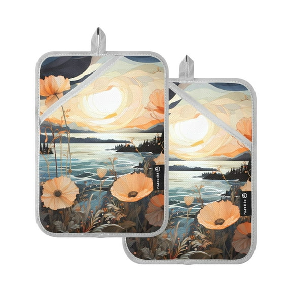 Flowers and Sunset Pot Holders Set of 2 Heat Resistant Kitchen Oven Gloves Potholder Cooking Baking Microwave Mitts