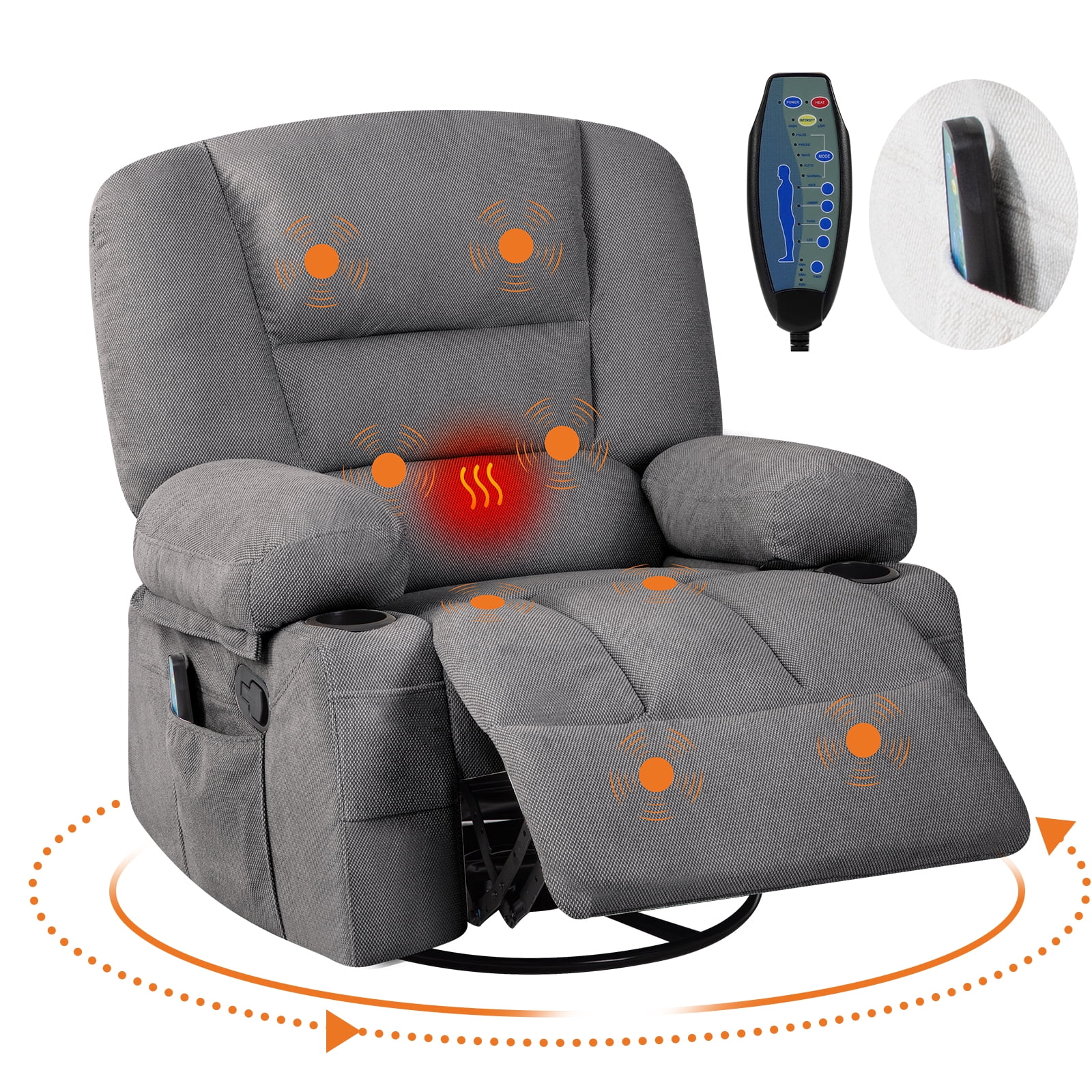 Massage Recliner Chair with Vibration & Heat - 360° Swivel Rocking Recliner, Cup Holders, Side Pockets, 350 lbs Support - Ideal for Living Room, Bedroom, Home Theater