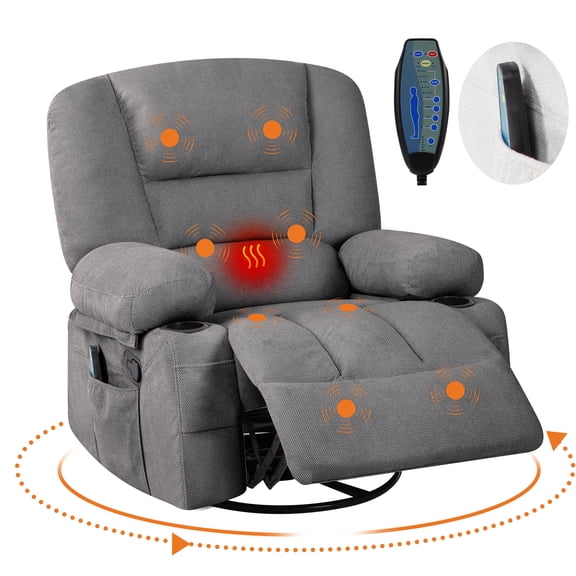 Power Recliner Chair with Massage and Heat, 360° Swivel Rocker, Overstuffed Wide Seat, Cup Holders & Storage for Living Room