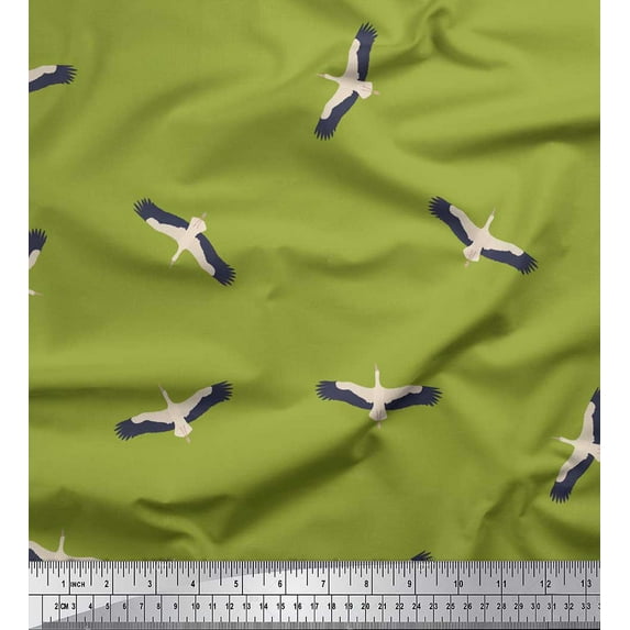Soimoi Green Poly Georgette Fabric Flying Stork Bird Print Fabric by Yard 52 Inch Wide