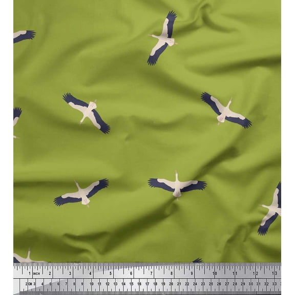 Soimoi Green Cotton Voile Fabric Flying Stork Bird Printed Fabric 1 Yard 42 Inch Wide