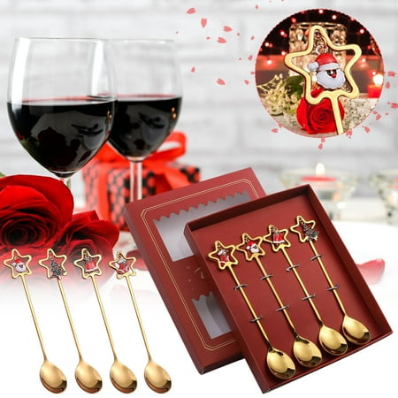 

Gifts Klycj 4PCS Stainless Steel Christmas Spoon Gift Set Dessert Spoon Fork Coffee Spoon Christmas Pendant Spoon Tableware Set Hot