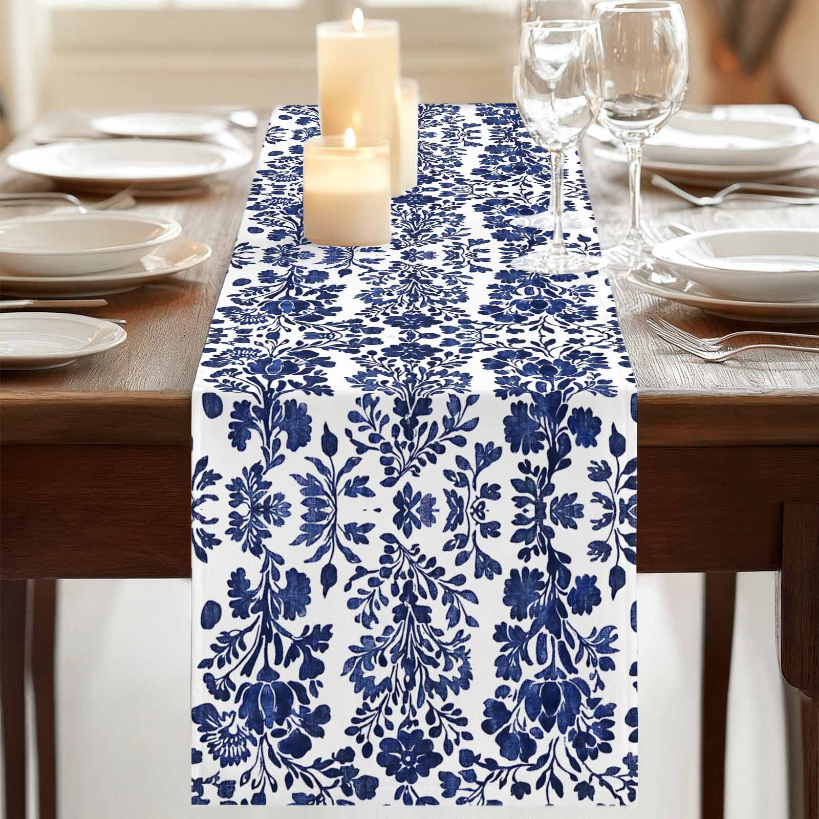 Blue Spring Floral 108 Inch Table Runner, Summer Botanical Farmhouse Farmhouse Dresser Scarf Cotton & Linen Tablerunner for Dining/Kitchen Island/Holiday Party Décor 13" x 108"