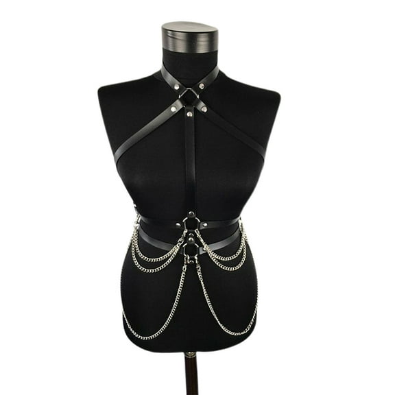 Womens Punk Faux Leather Waist Belt Halter Neck Body Chest Harness with Chain