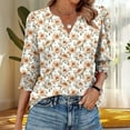 thumbnail image 2 of Womens Tops Casual 3/4 Length Sleeve V-Neck Floral Printed Smocked Cuffs Dressy T-Shirts Ladies Tunic Tops, 2 of 7