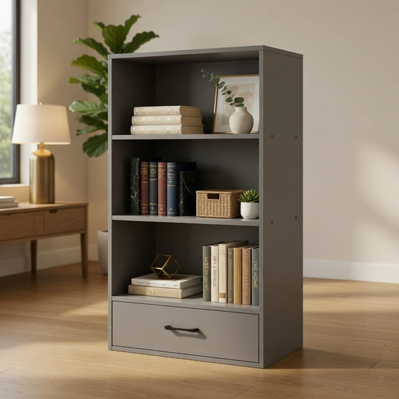 Spaco 48 Inch Tall 4 Tiers Wood Bookcase with Drawer-Gray, Tall Bookshelf, Shelves for Living Room, Home Office, Bedroom, Balcony