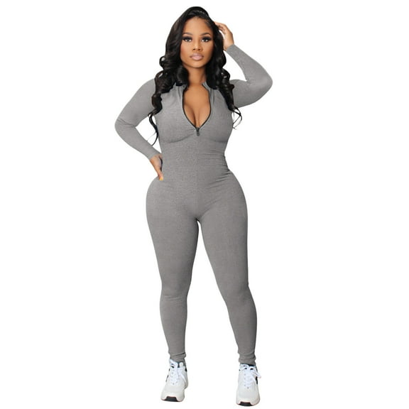 KDFJPTH Womens Jumpsuits Zipper V Neck Long Sleeve Bodysuit Catsuit Sport Jumpers for Women