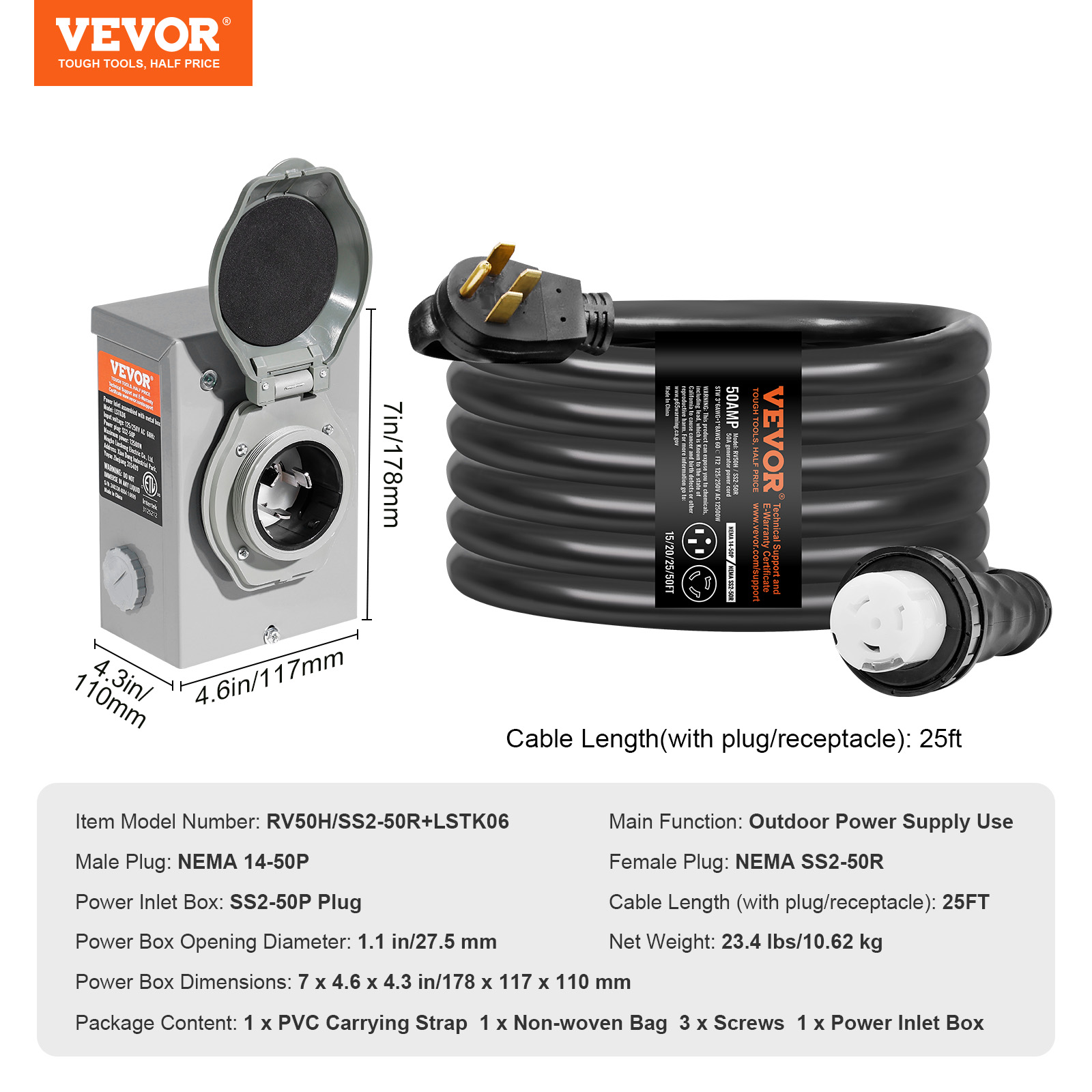 25FT 50 Amp Generator Cord With Power Inlet Box – NEMA 14-50P To SS2-50R – STW Outdoor Use