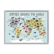 Stupell Animals Around The World Map Animals & Insects Painting Gray Framed Art Print Wall Art