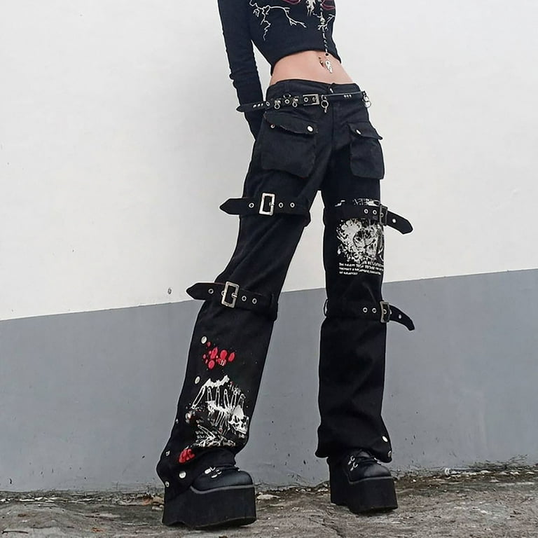 Women'S Street Cool Gothic Style Low-Rise Print Leg Loop Trousers Washed  Jeans