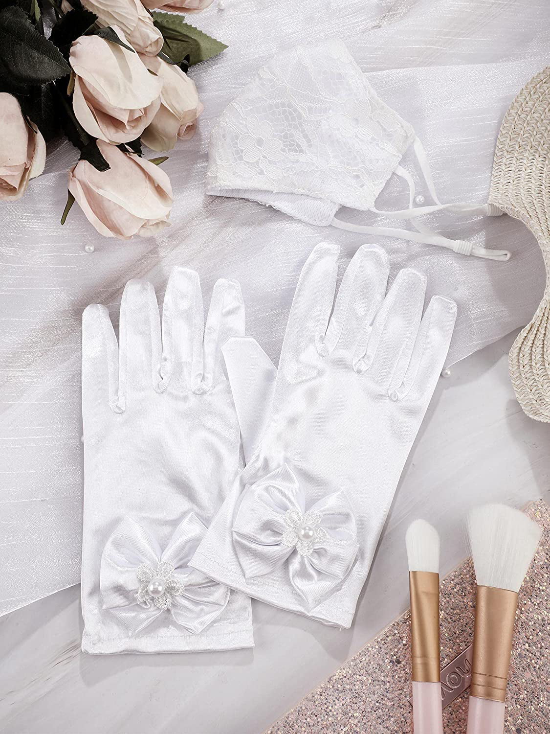 Yahenda 2 Pieces Girls Gorgeous Satin Fancy Princess Gloves Elegant White Short Gloves with Bows and Communion Face Covering Lace Cloth Mouth Cover for Kids Party Wedding 