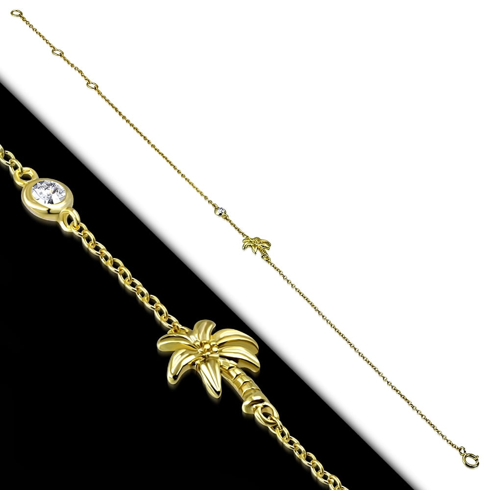 925 Sterling Silver Bezel-Set CZ Palm Tree Womens Link Chain Anklet Bracelet