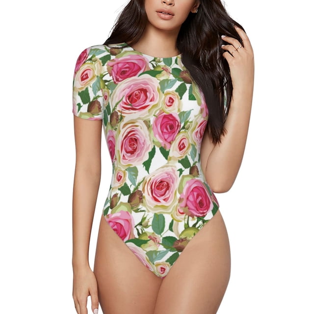 Saiise Motif Fleurs Roses Grenouillère à Manches Courtes Col Rond Pyjama Extensible avec Fermeture à Pression-Petit