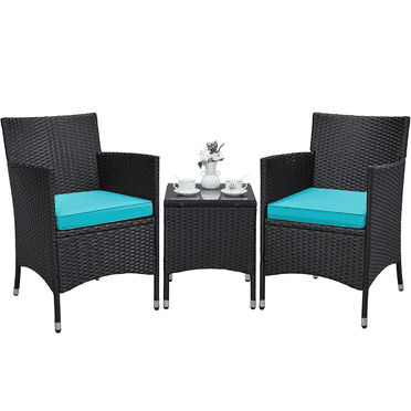 Yaheetech 3-Piece Wicker Furniture Set with Side Table, Black/Cyan