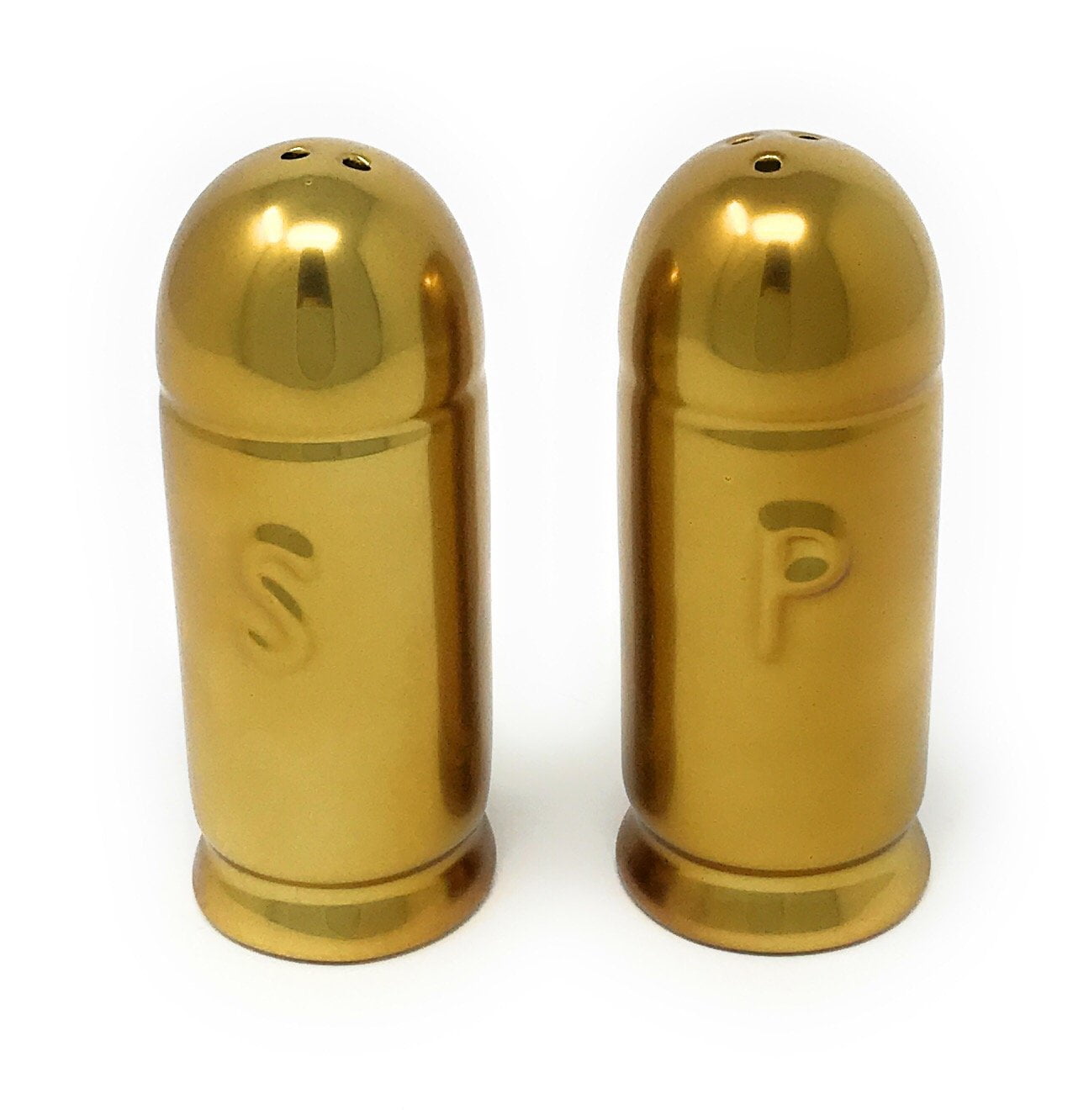 Ceramic Bullet Salt and Pepper Shakers Gold Tone 1.5" x 1.5" x 3.8