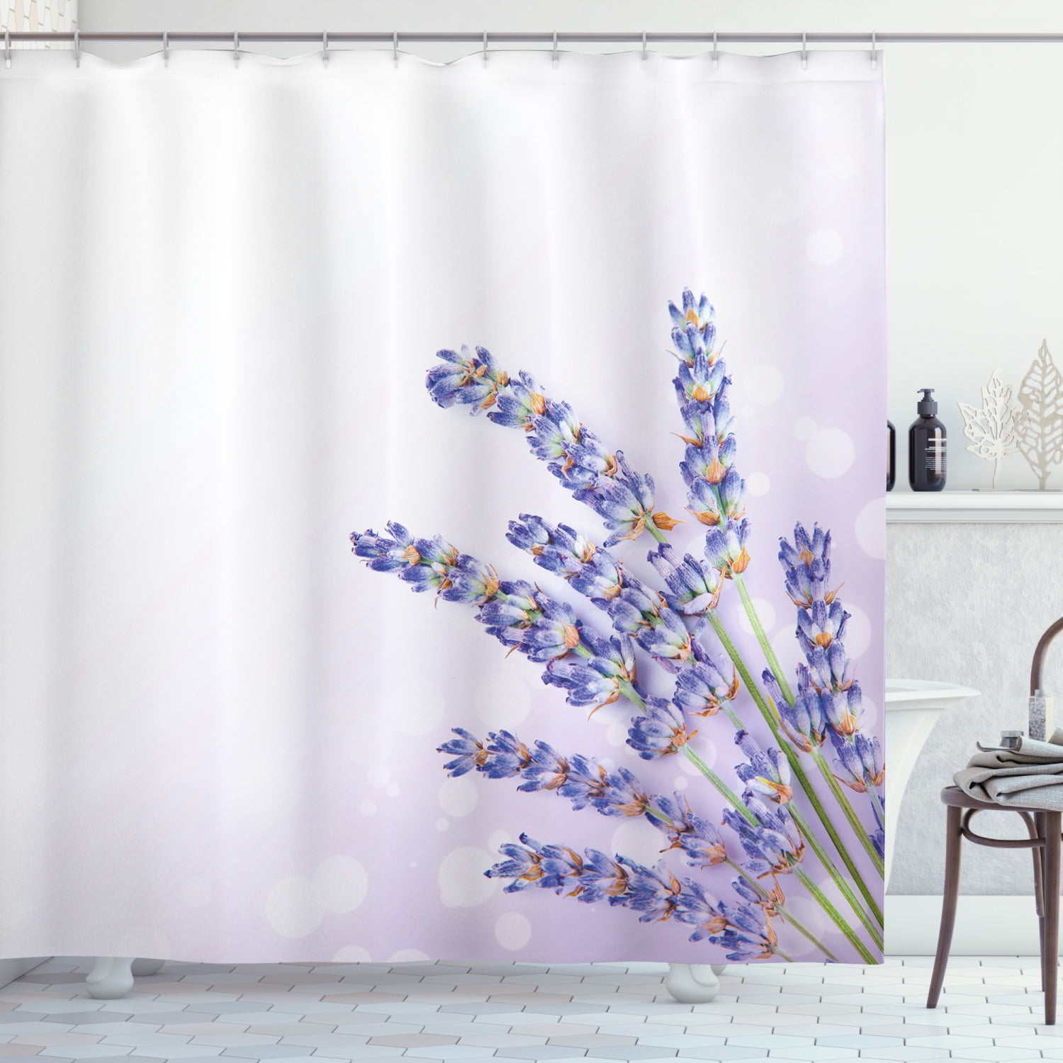 Bathroom Waterproof Fabric Shower Curtain Liner 12 Hooks Tropical Purple Flowers 