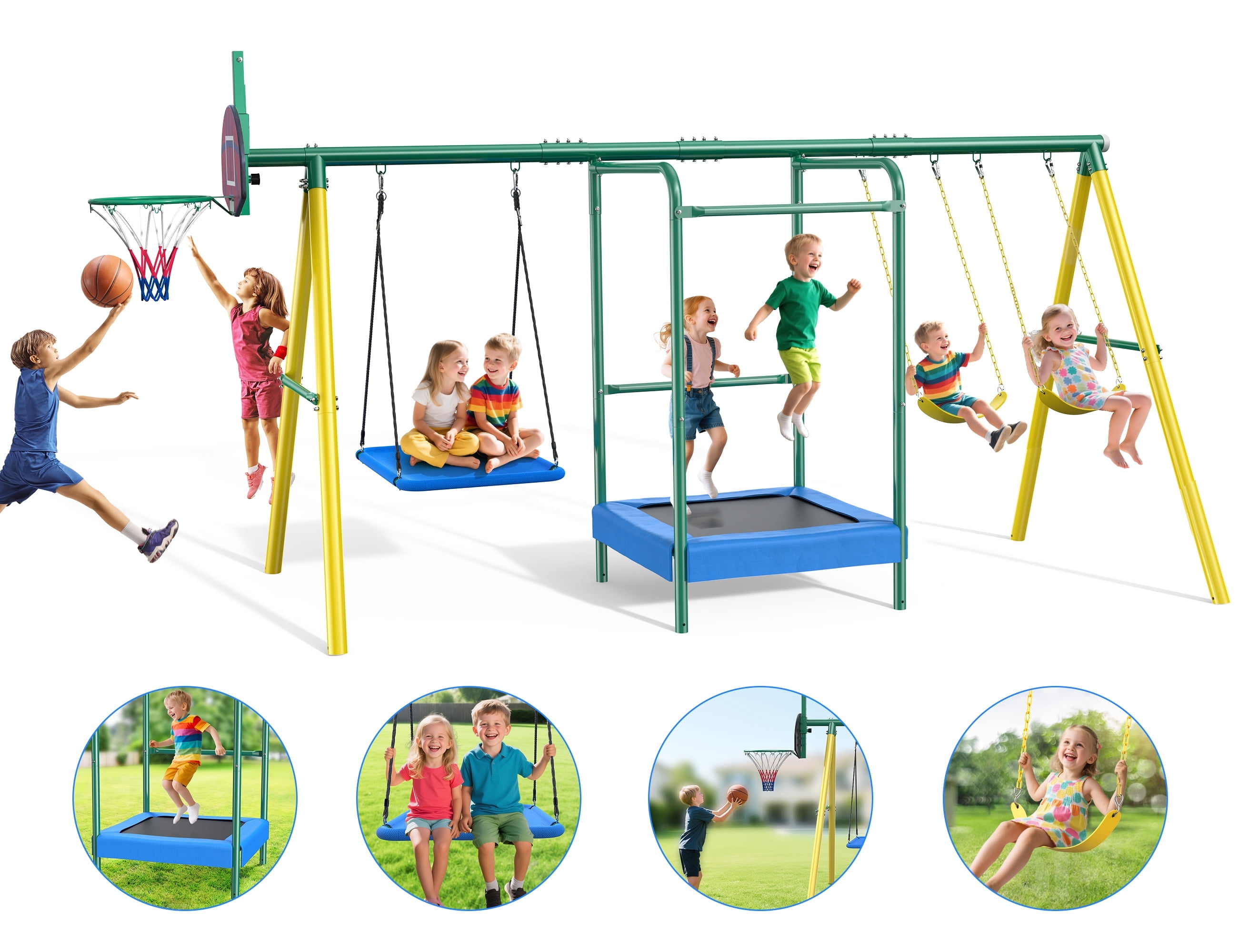 Sportspower Bayside Metal Swing Set with 5' Slide, Saucer, Trapeze