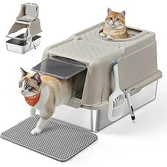 Feandrea Bac à Litière pour Chat en Acier Inoxydable avec Couvercle Rabattable, Bac à Litière Fermé TG pour Chats jusqu'à 15 kg, avec Conception Étanche, Pelle, Brosse, Double Entrée, Cappuccino Beige