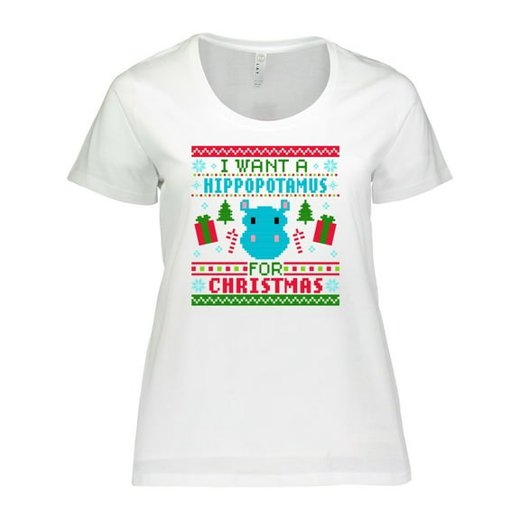 Inktastic I Want a Hippopotamus for Christmas Pixelated Ugly Sweater Women's Plus Size T-Shirt