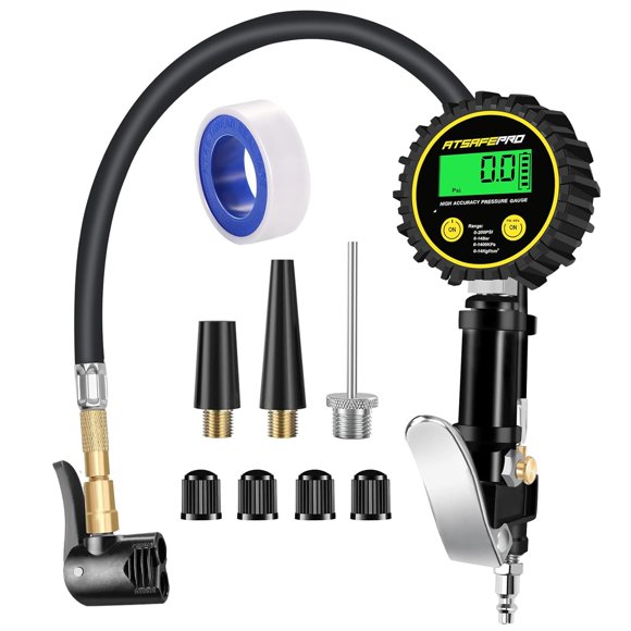Digital Bike Tire Inflator with Pressure Gauge,Digital Tire Pressure Gauge with Inflator 200PSI/14Bar,Fits Schrader and Presta Bicycle Pump Valve Adapter for Air Compressor