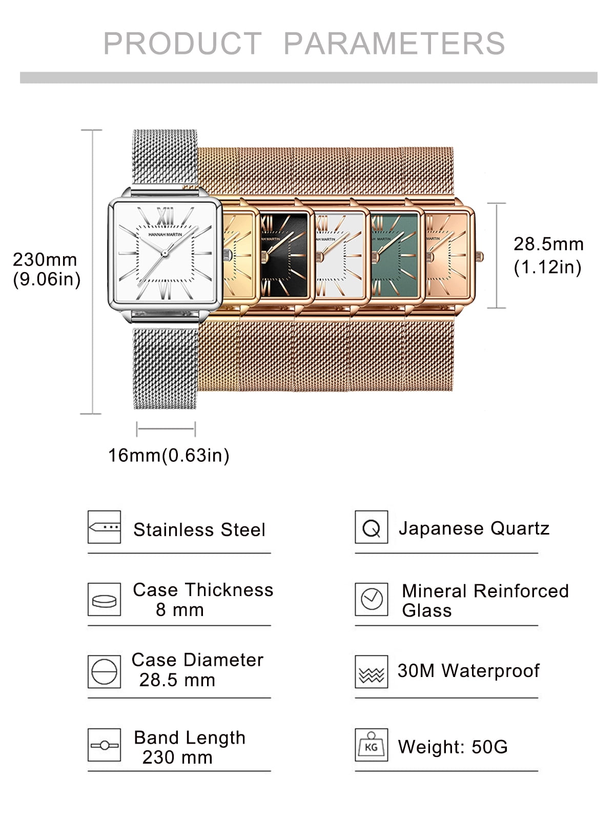 Women Square Face Watches Fashion Quartz Dress Watch for Women with Stainless Steel Mesh Band