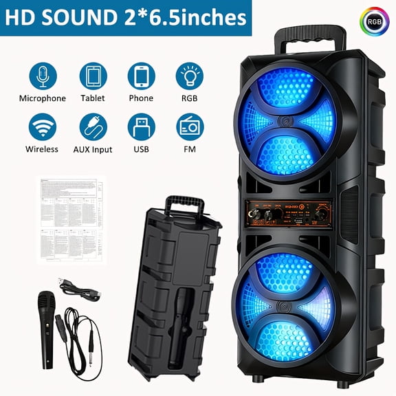 Portable Outdoor Wireless Speaker with Lights, Dual Subwoofers, USB-C Charging, USB/FM/TF/AUX/MIC Support, Knob Control for RV Camping BBQ Party