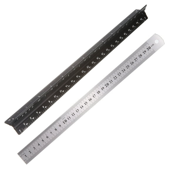 Uxcell 2pcs 30cm Architectural Scale Triangle Ruler 30cm Straight Edge Ruler, Black