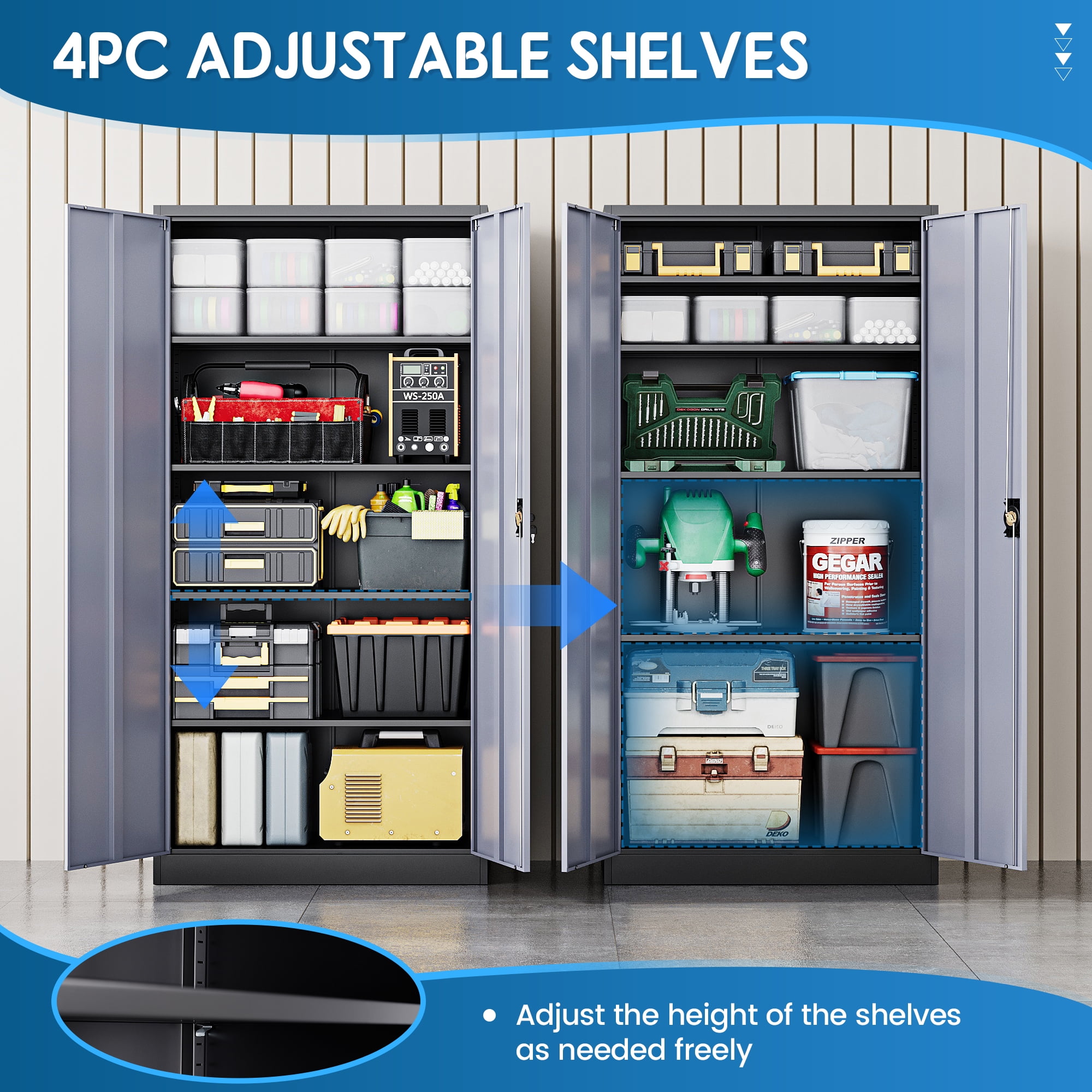 Fesbos Metal Garage Storage Cabinet,72" Tall Black Cabinet with 2 Doors and 4 Adjustbale Shelves,Lockable Tool Cabinet for Garage, Basement,Gym, Home Office