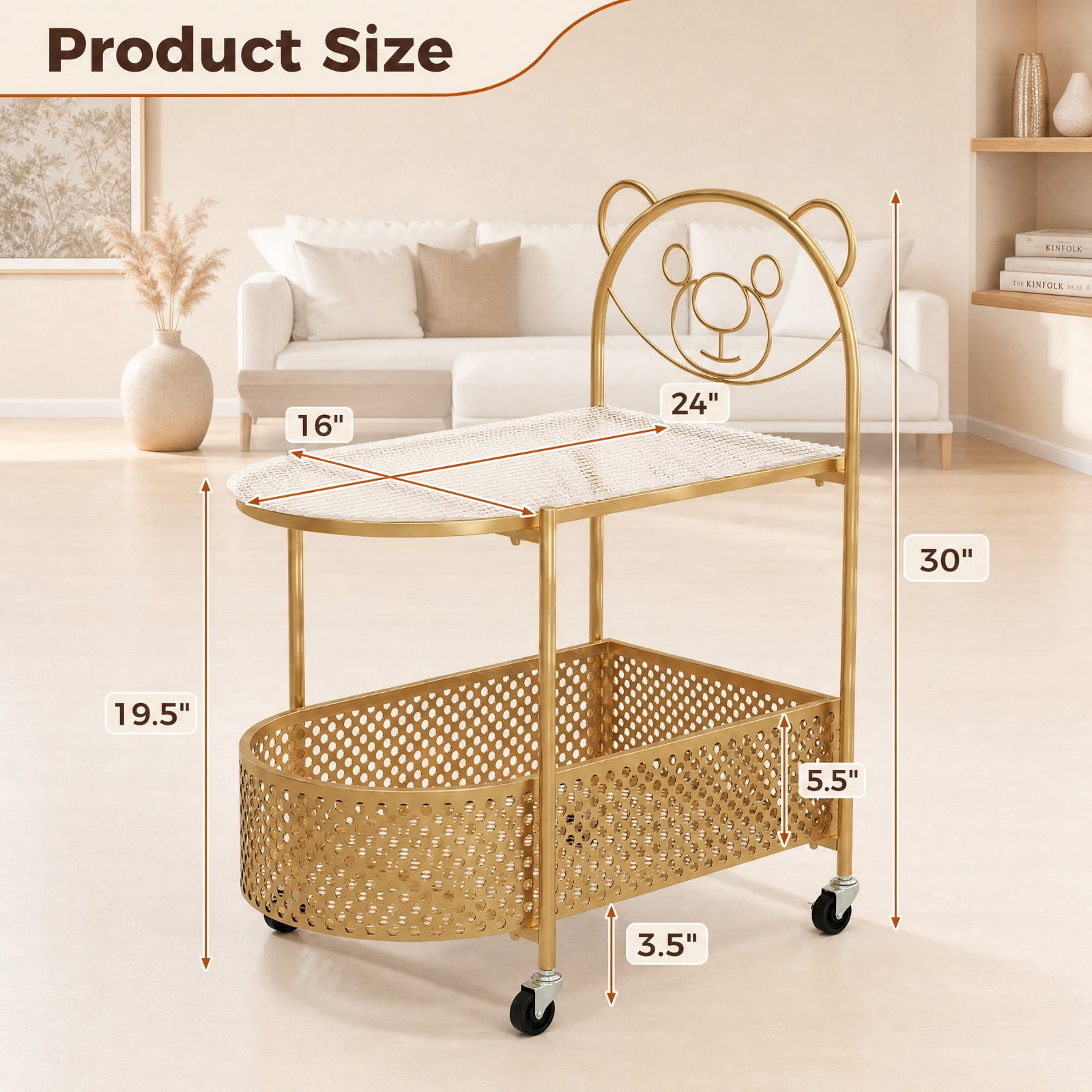 Furnibear 2 Tier Mobile Glass Coffee Table with Rolling Casters and Bear Pattern Storage Basket for the Small Living Room, Golden