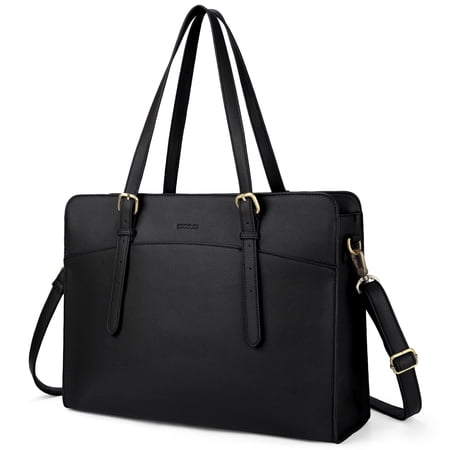 ECOSUSI Leather Laptop Tote Bag for Women 15.6 Inch Computer Briefcase Waterproof Handbag Shoulder Bag Purse for Tablet Work Office Business College Daily Travel, Black