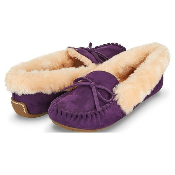 Floopi Womens Indoor/Outdoor Basic Memory Foam Moccasin Slipper W/Faux Fur Collar