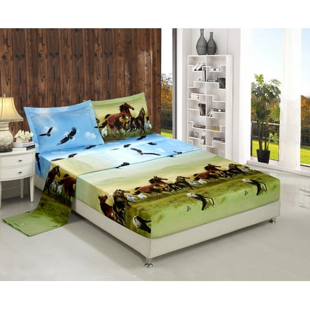 3D Bed Sheet Set Queen -4 Piece 3D Horse And Eagle Printed Sheet Set Queen Size (Y25) - Soft, Breathable, Hypoallergenic, Fade Resistant -Includes 1 Flat Sheet,1 Fitted Sheet,2
