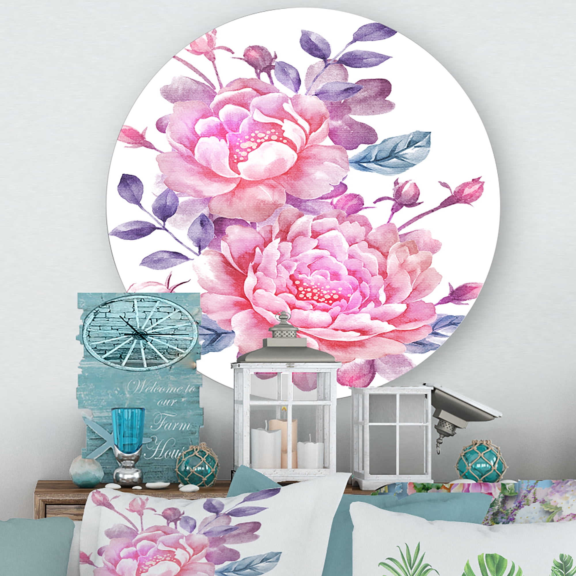 Designart 'Pink Retro Flowers With Blue Leaves On White' Traditional Circle Metal Wall Art 23x23 - Disc of 23