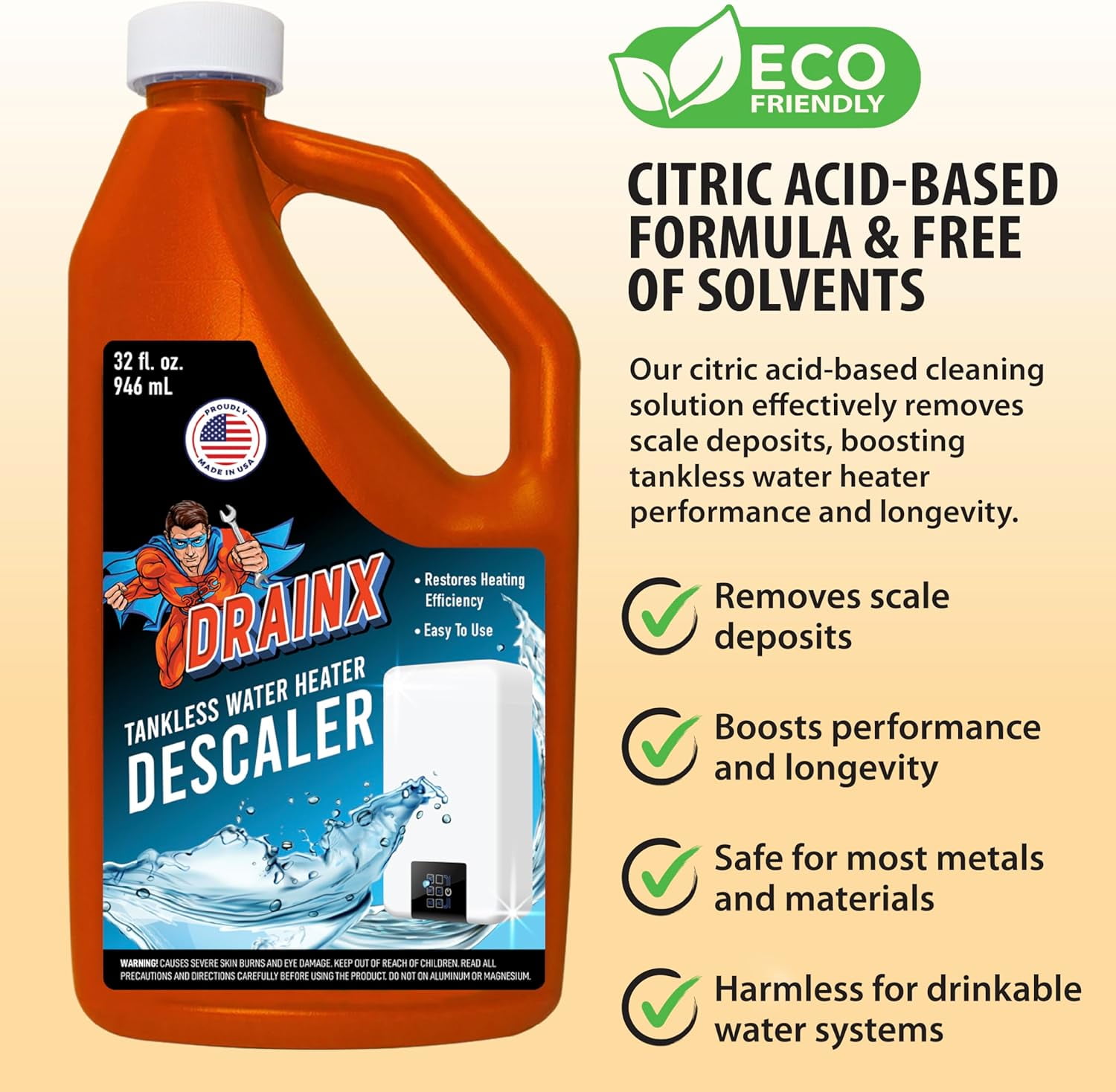 DrainX Tankless Water Heater Flushing Kit with Eco-Safe Descaler Solution, 1/6 HP Pump, Steel Hoses