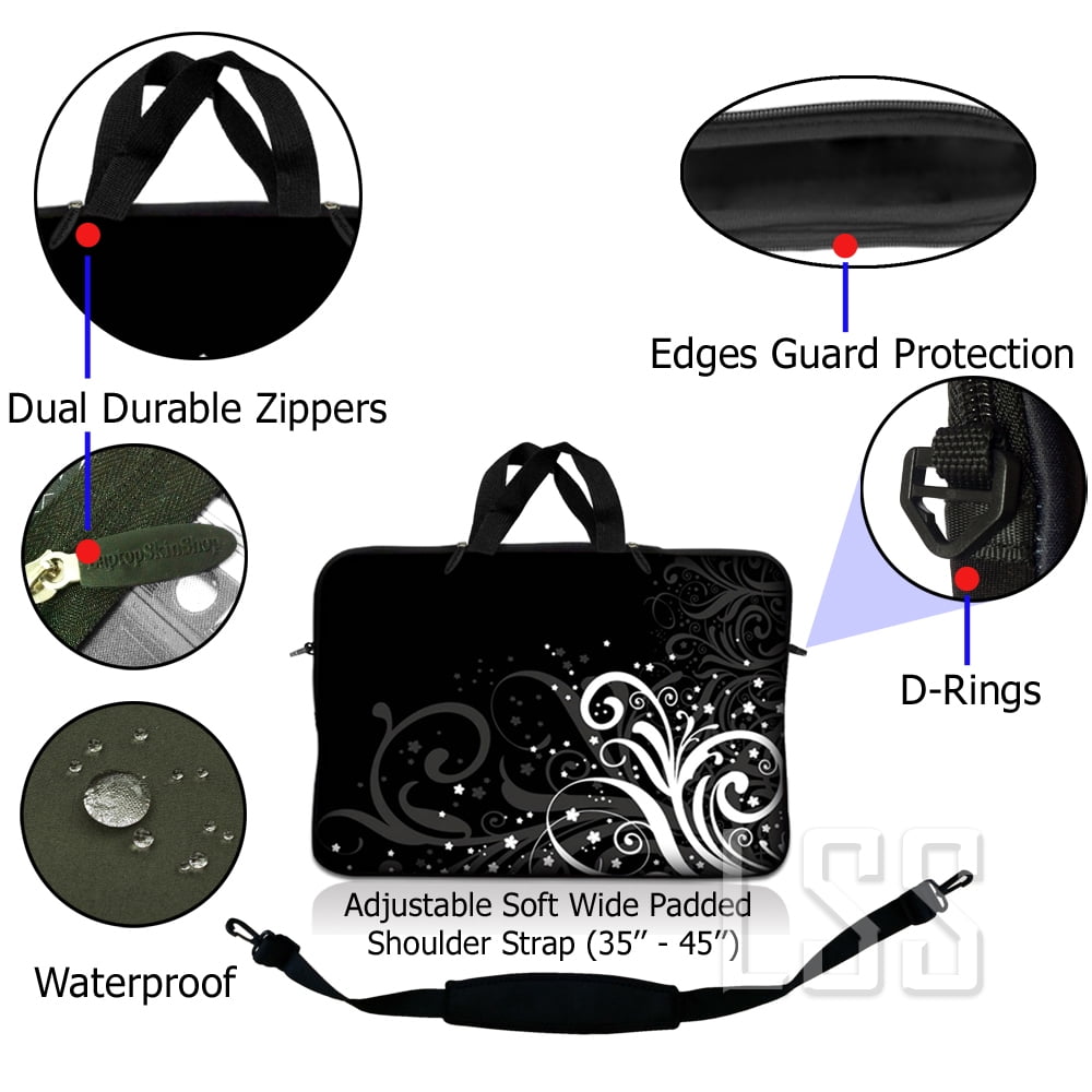 LSS 17 inch Laptop Sleeve Bag Carrying Case with Handle and Adjustable Strap - Black & White Flower