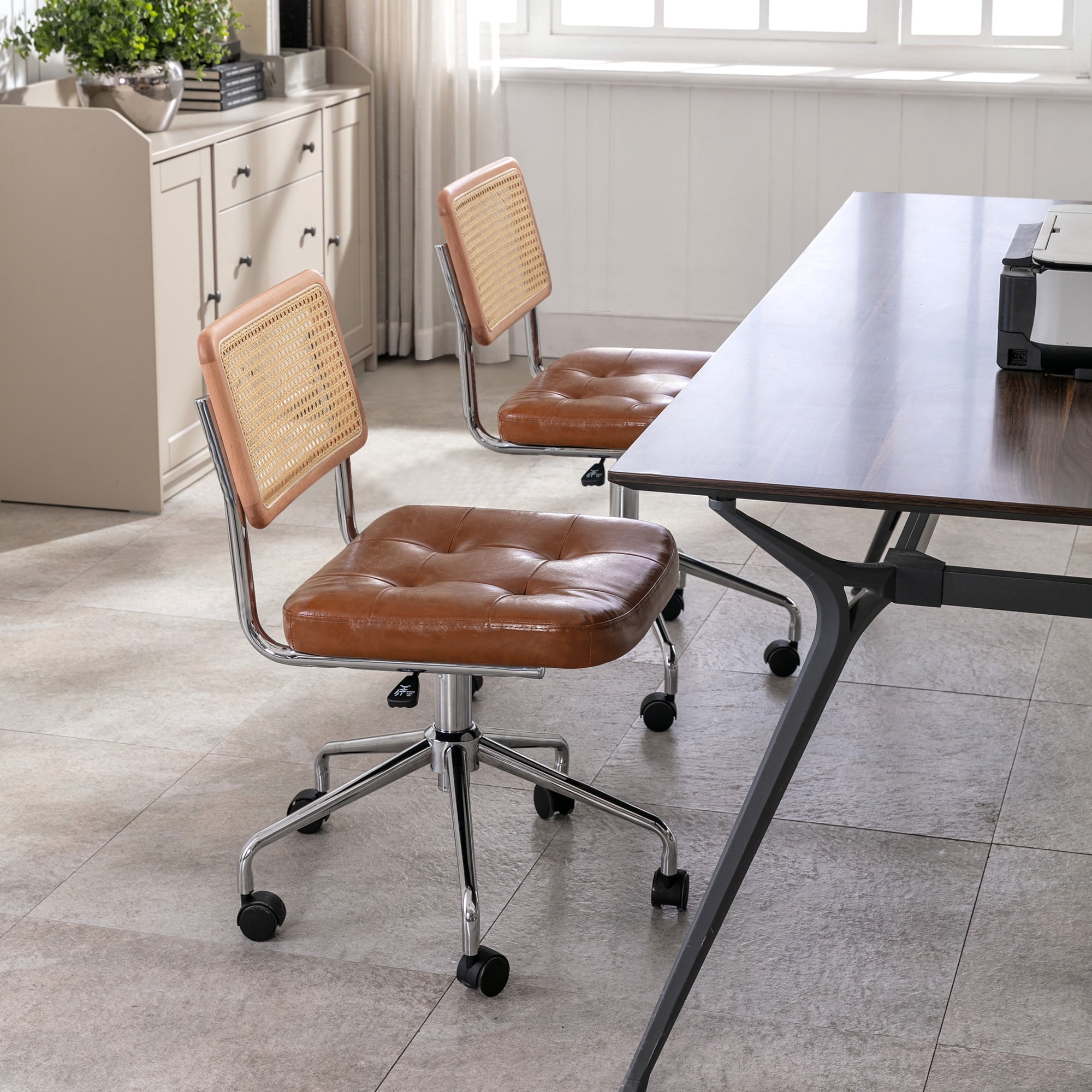 Zesthouse Mid Century Faux Leather Home Office Chair with Rattan Back, 360° Swivel Upholstered Desk Chair on Wheels, Tufted Computer Task Chair for Living Room & Office Room, Brown