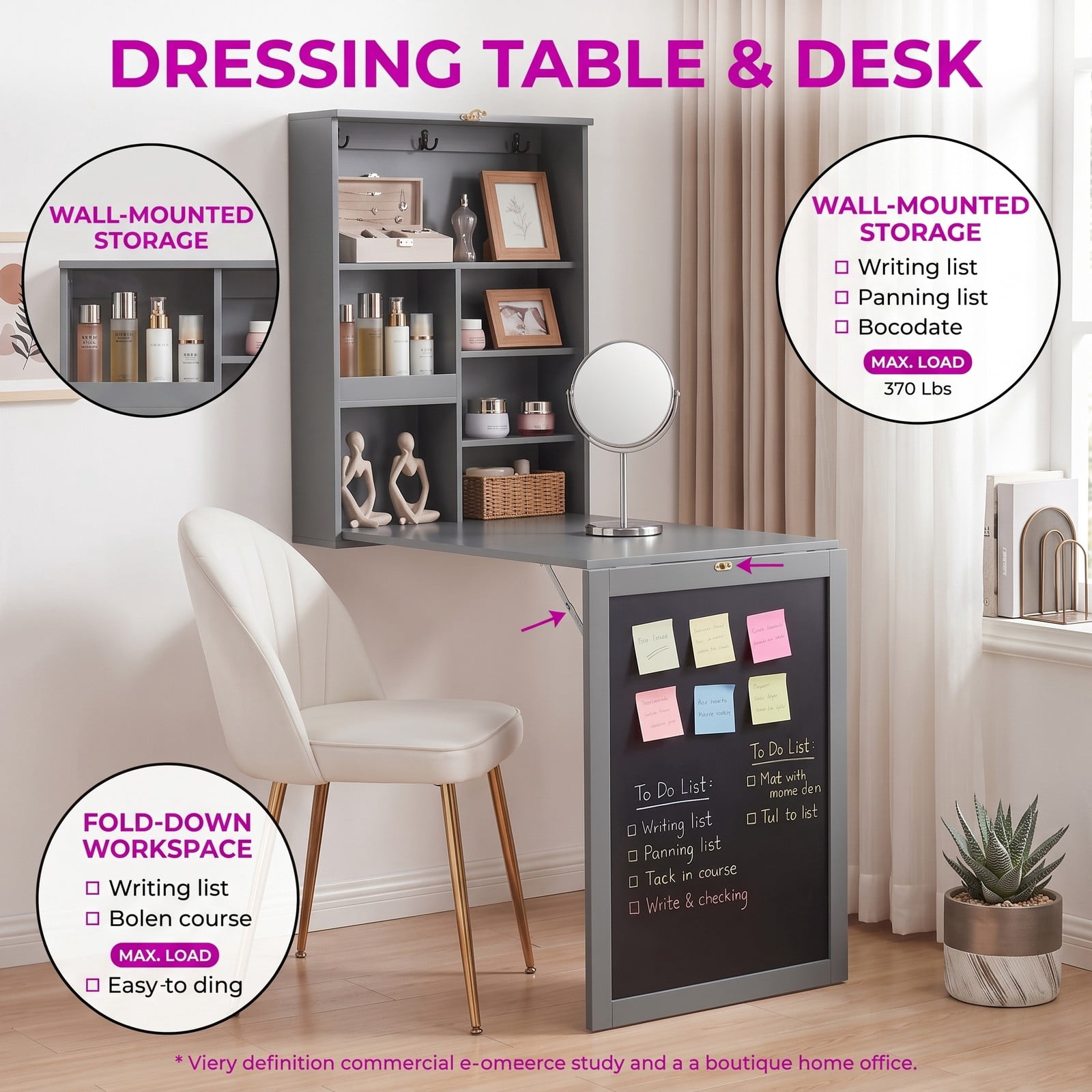 Furnibear Convertible Wall Mounted Folding Table with Chalkboard, Fold Down Space Saving Wall Desk with 6 Storage Cubes and 3 Hooks for Kids Study Home Office, Gray