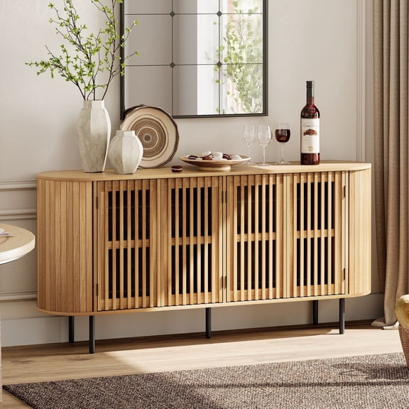 FITUEYES Fluted Sideboard Buffet Cabinet with 4 Pop-up Doors, Modern Curved Design Storage Cabinet for Kitchen & Dining Room, 64 inch, Oak