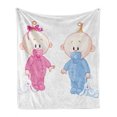 thumbnail image 1 of Gender Reveal Soft Flannel Fleece Throw Blanket, Cheerful Boy and Girl Children with Bunny Pacifiers Twins, Cozy Plush for Indoor and Outdoor Use, 60" x 80", Pale Blue and Pink Peach, by Ambesonne, 1 of 6