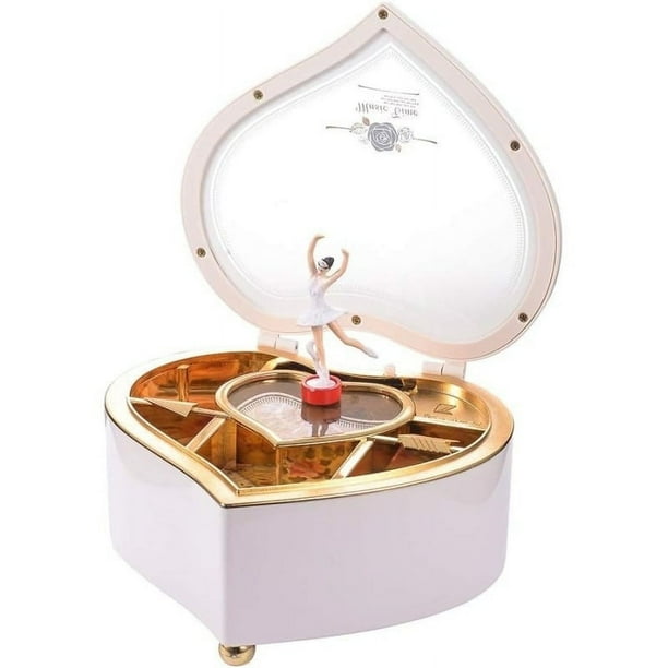 Caja de joyería musical de bailarina, caja de almacenamiento de joyería en forma de corazón giratoria para niña de baile, caja de música de regalo (blanco)