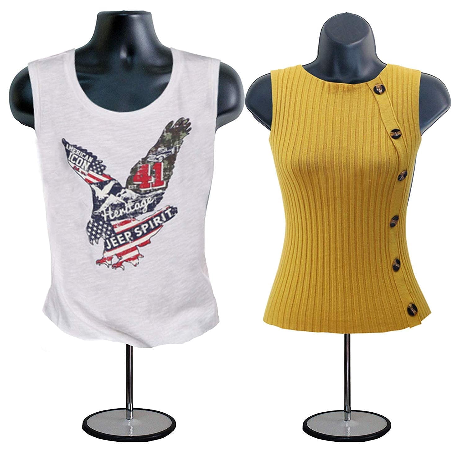 DisplayTown Black Male + Female Mannequin Hollow Back Body Torso Set w/ Metal Stand with Metal Pole & Hanging Hook, S-M Sizes