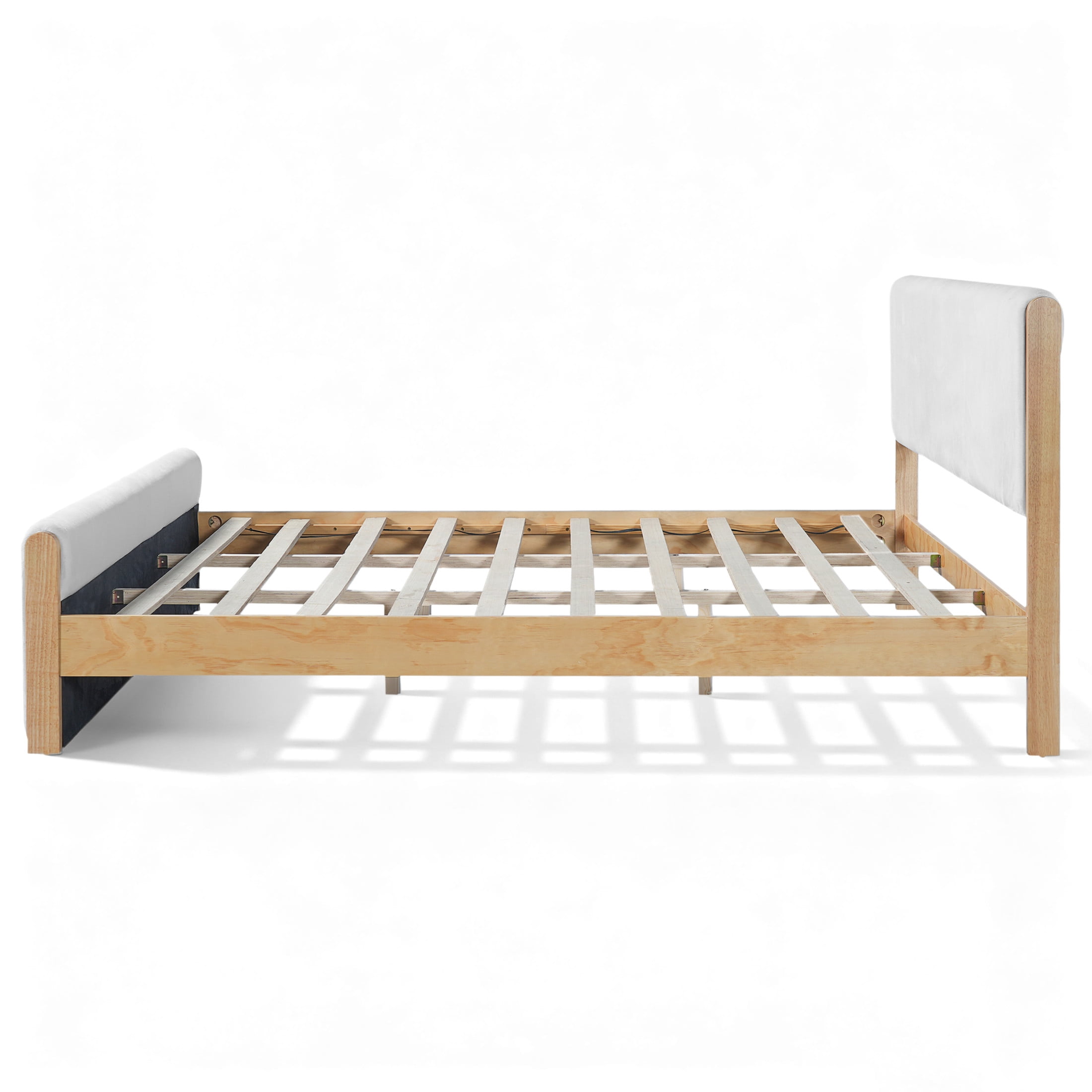 Christopher Knight Home King Size Natural Wood Bed frame With Beige Upholstered Headboard and Footboard