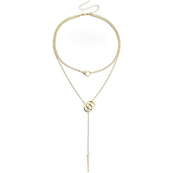 Lariat Necklace For Women Drop Bar Pendant Necklace Layered Lariat Necklace Dainty Gold Layered Long Chain Necklace Double Circle Necklace Long Stick Pendant Necklace Jewelry Gifts