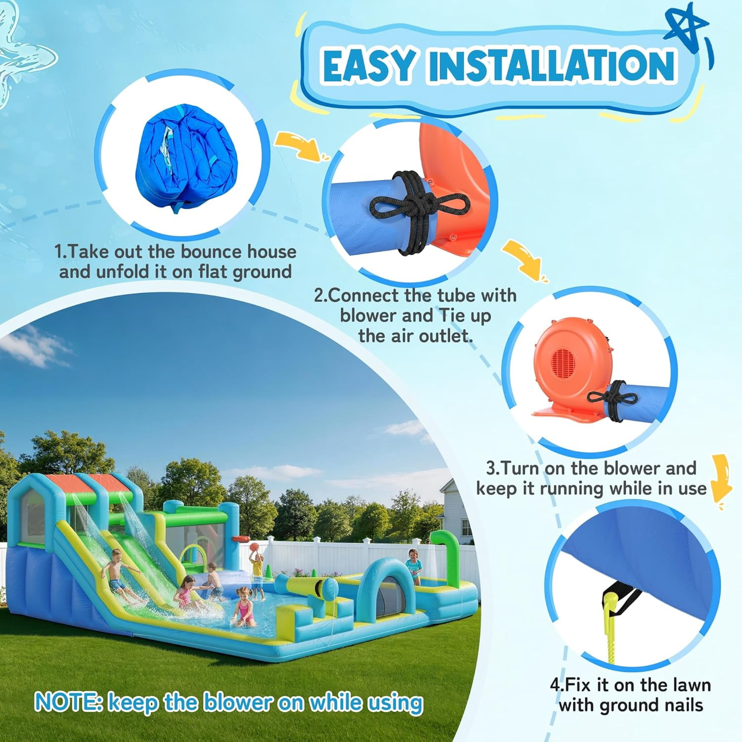 Hommow Inflatable Bounce House Double Water Slide with Blower, Climbing Wall, Water Gun, Splash Pool, Basketball Hoop, Indoor Outdoor Backyard