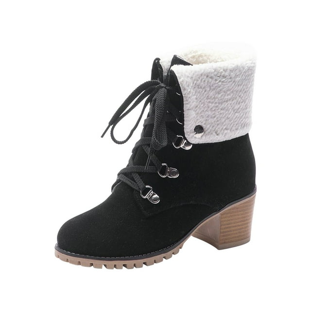 jsaierl Snow Booties Women's Solid Color Lace Up Ankle Boots Low Heel Comfy Fleece Suede Booties
