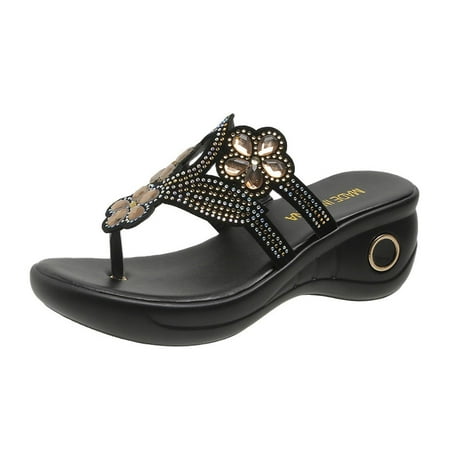 

Womens Wedge Flip Flops Sandals with Arch Support Summer Rhinestones Platform Bohemia Flat Shoes Hook Loop Adjustable Casual Thong Sandal