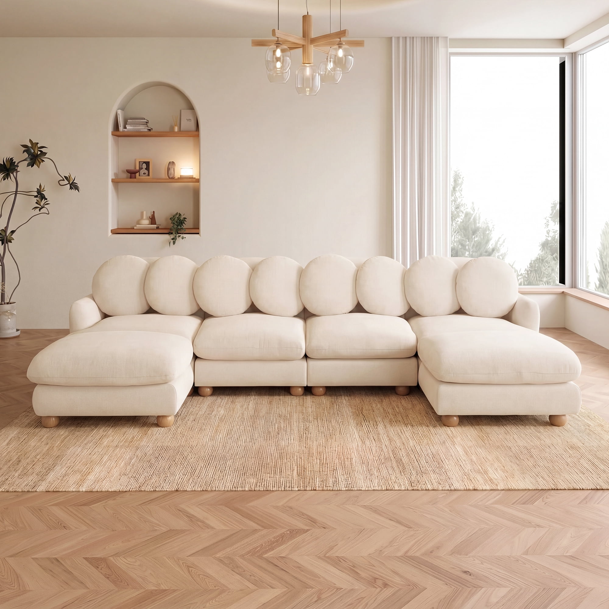 123" U-shaped 6 Seater Chenille Modular Sectional Sofa Couch with 8 Throw Pillows and 2 Ottoman