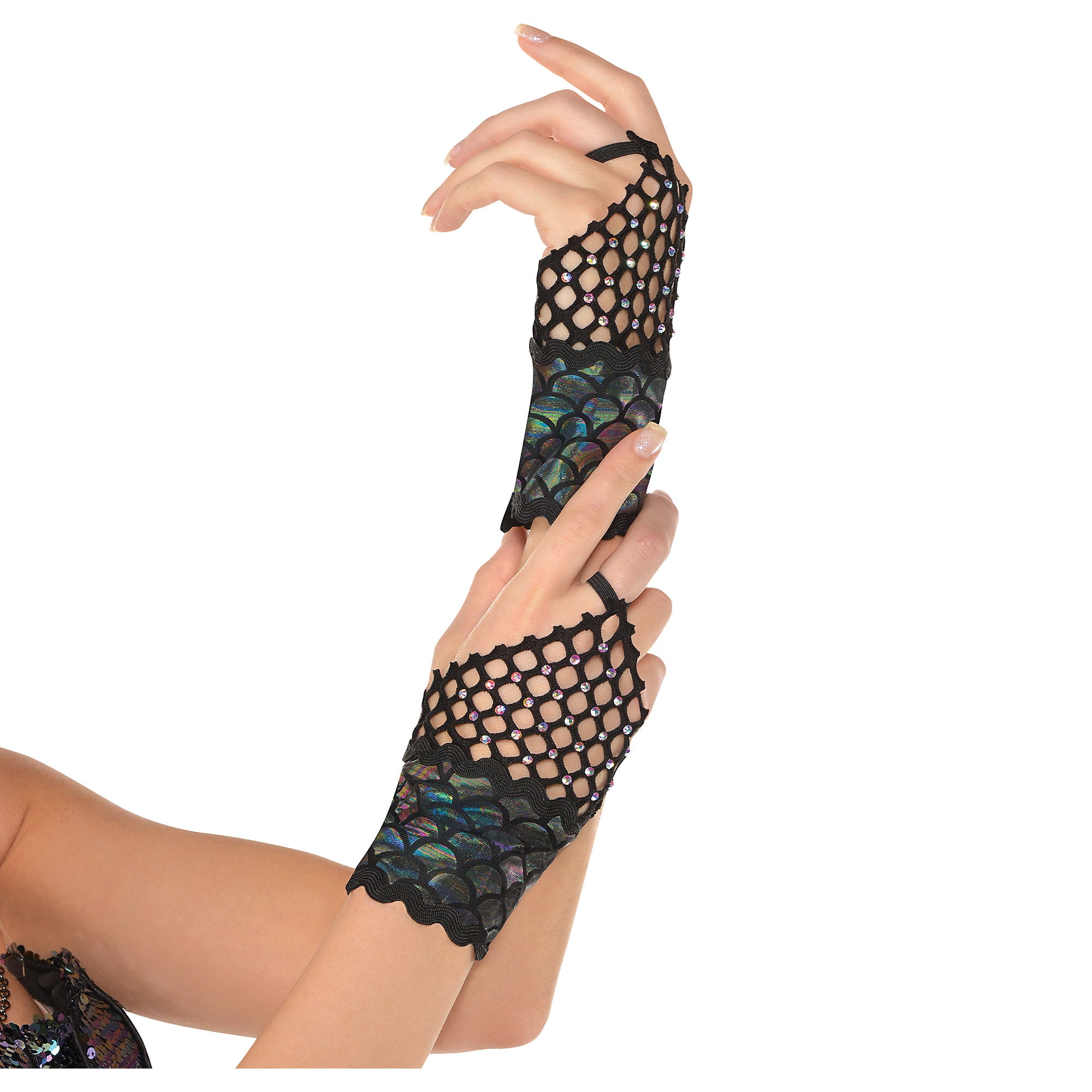 Adults Sea Siren Dark Mermaid Fishnet Gem Gloves Fish Scales Halloween Accessory