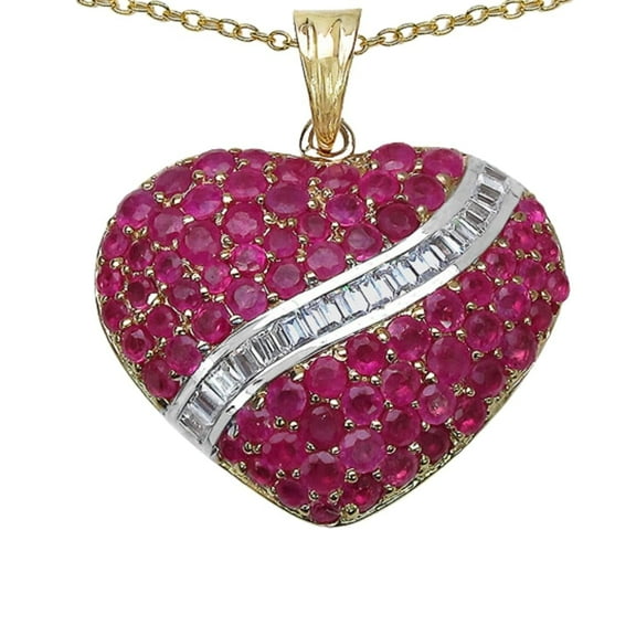 Genuine Ruby and White Topaz Heart Pendant Necklace 4.67 Carat in 14k Yellow Gold Plating