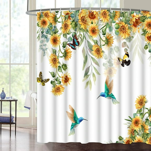 SUNOLIFE Yellow Sunflower Shower Curtain Spring Floral Birds with Butterfly Fabric Bathroom Curtain with Hooks 72x72 in
